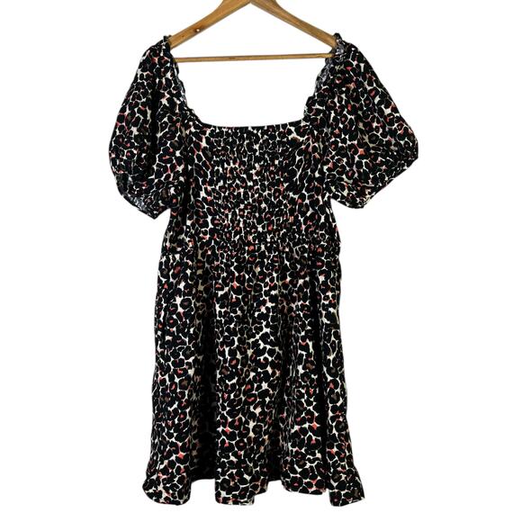 Who What Wear Leopard Smocked Puff Sleeve Midi Dress Womens L Black Animal Boho - Picture 1 of 8